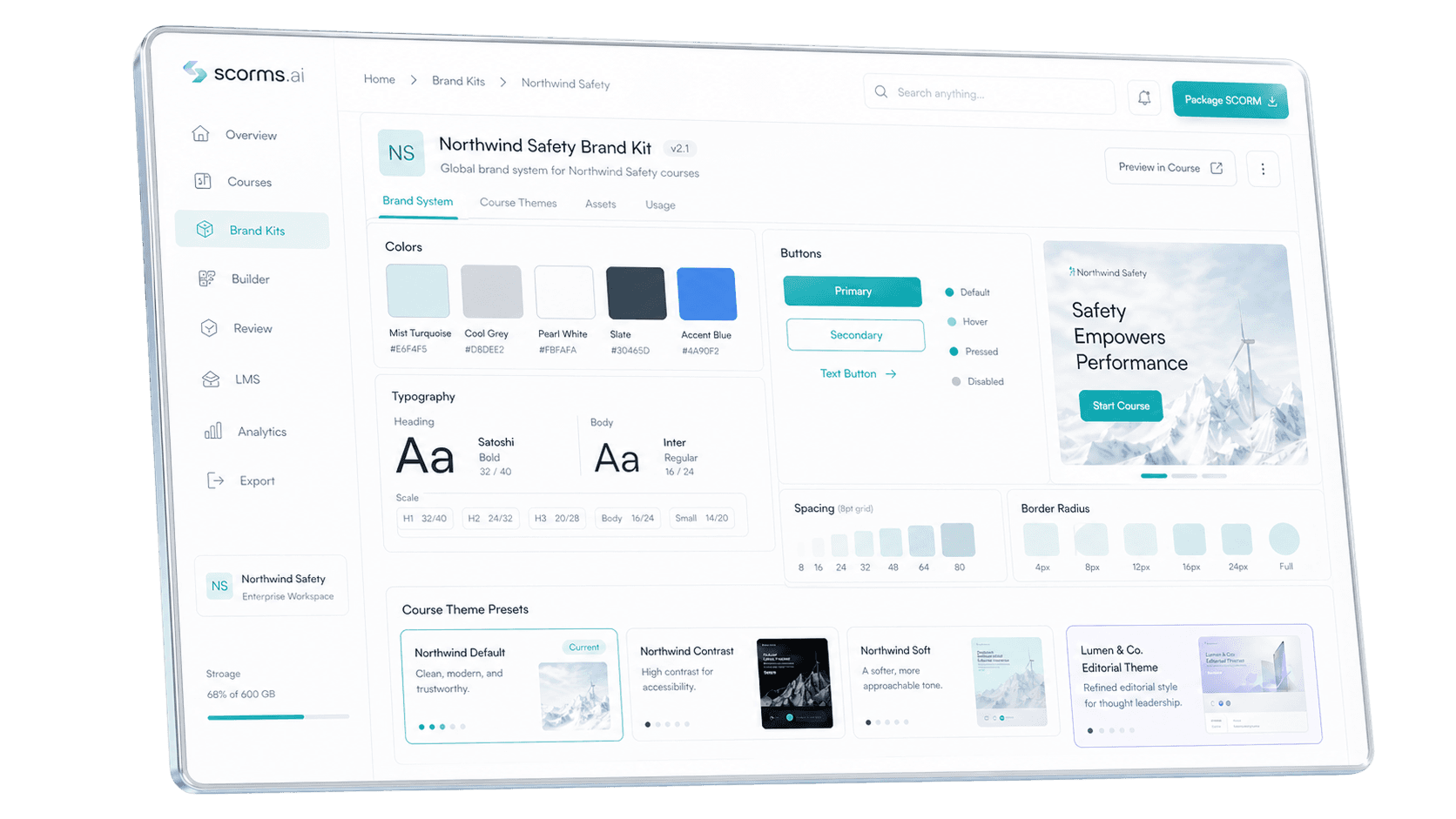 Brand kit screen showing colors, typography, and component presets