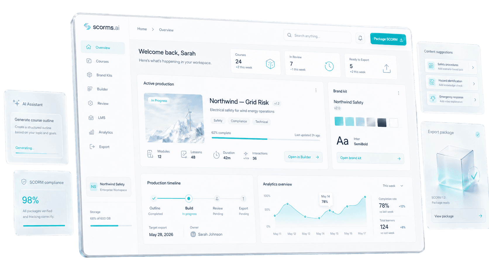 Scorms.ai studio dashboard with active production timeline and brand kit