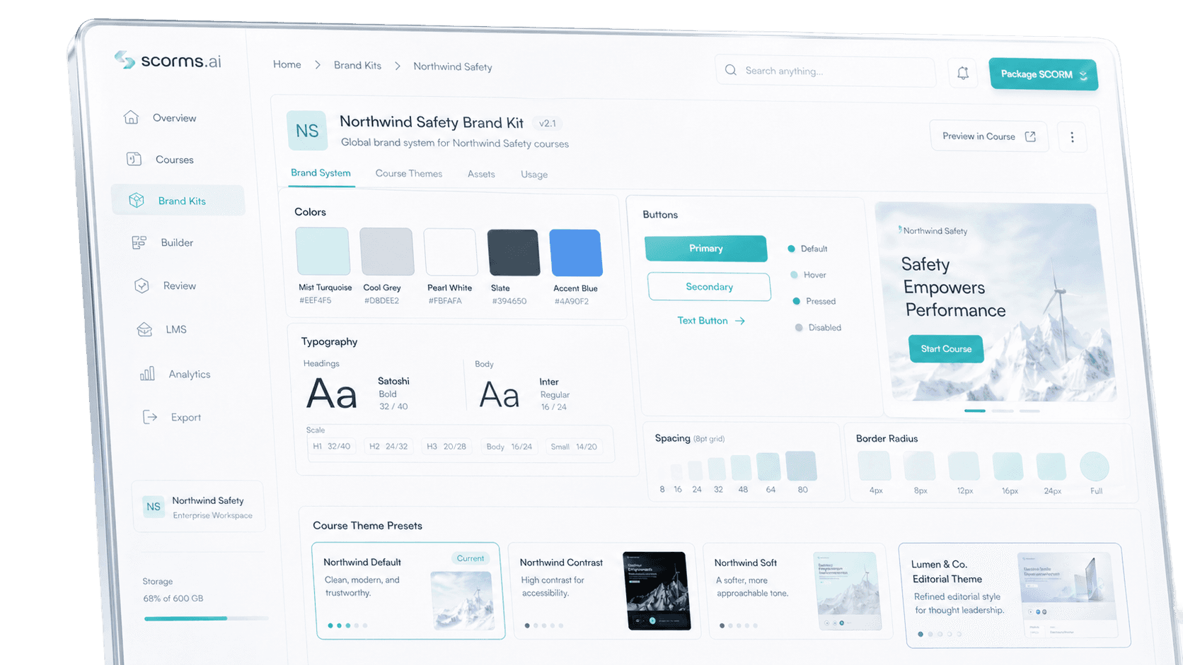 Scorms.ai studio — Northwind Safety Brand Kit dashboard with course themes and design tokens